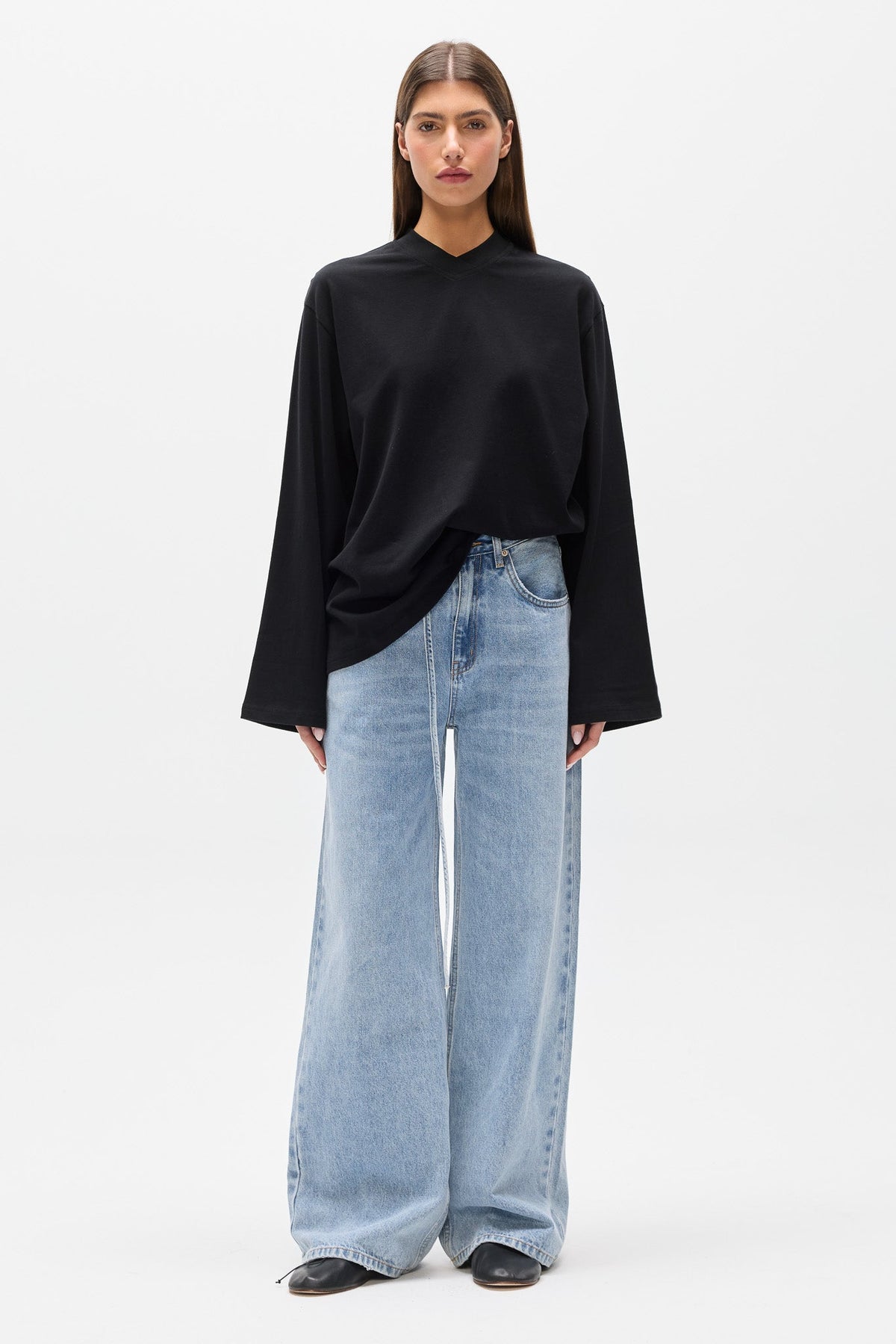 Priya V Neck Long Sleeve Top in Black, view 1, Bayse Brand