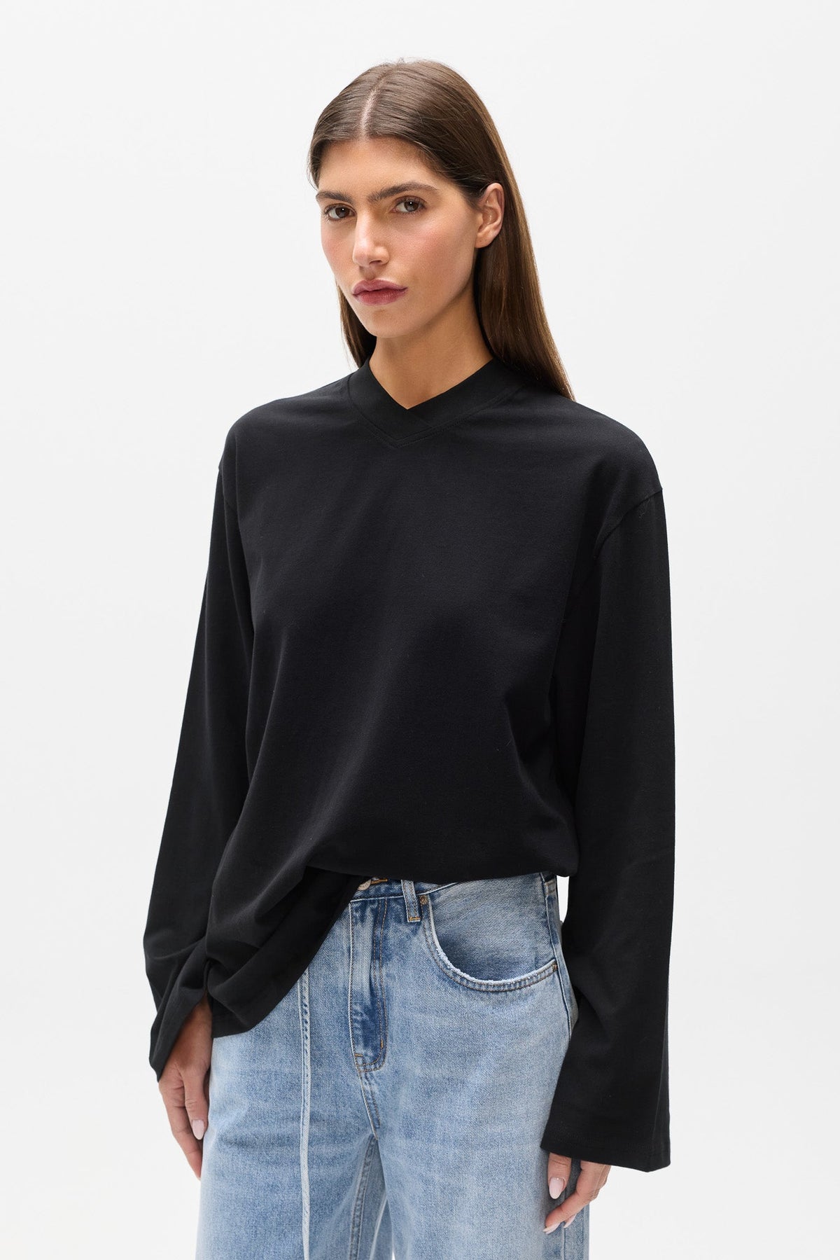 Priya V Neck Long Sleeve Top in Black, view 2, Bayse Brand