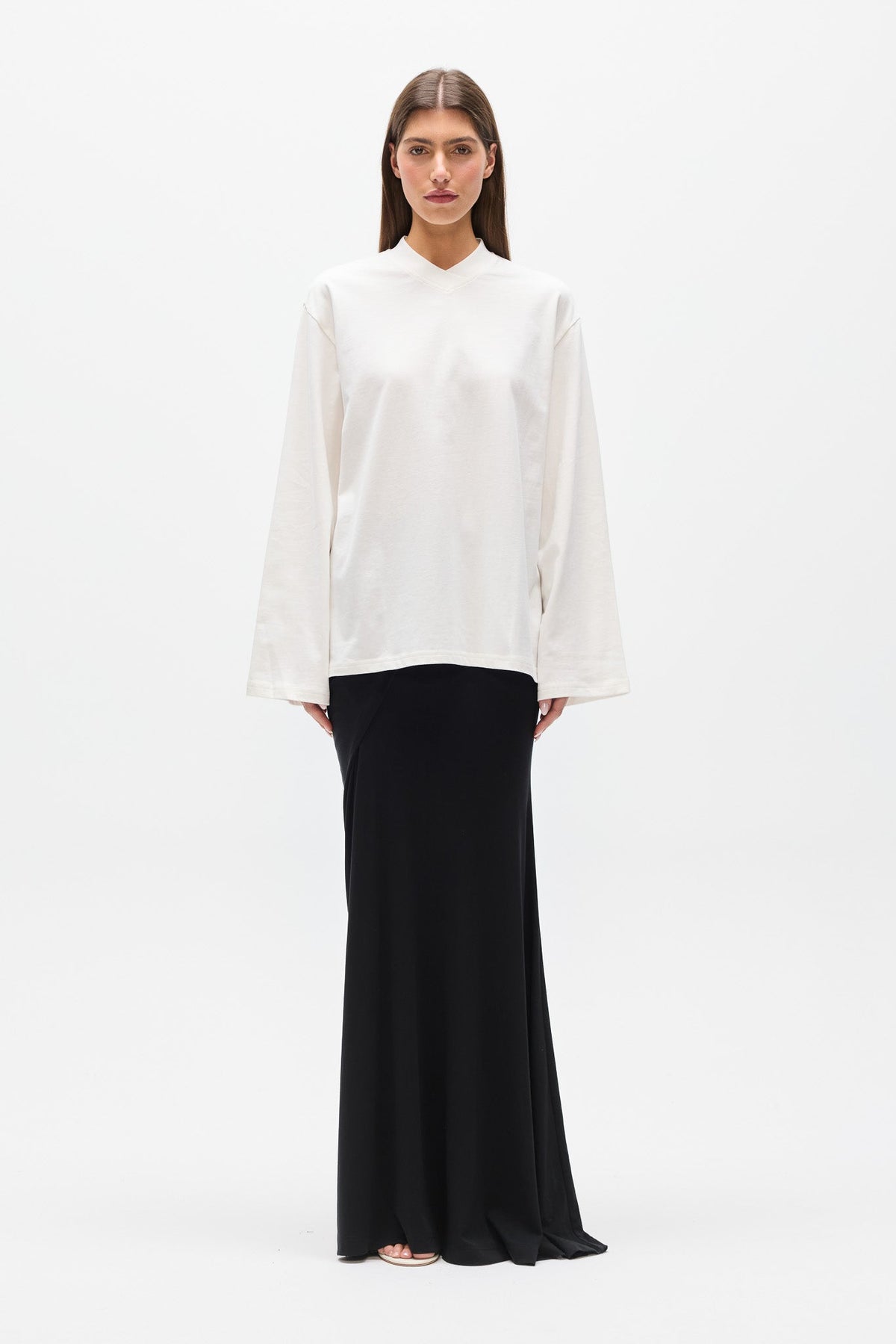 Priya V Neck Long Sleeve Top in White, view 1, Bayse Brand