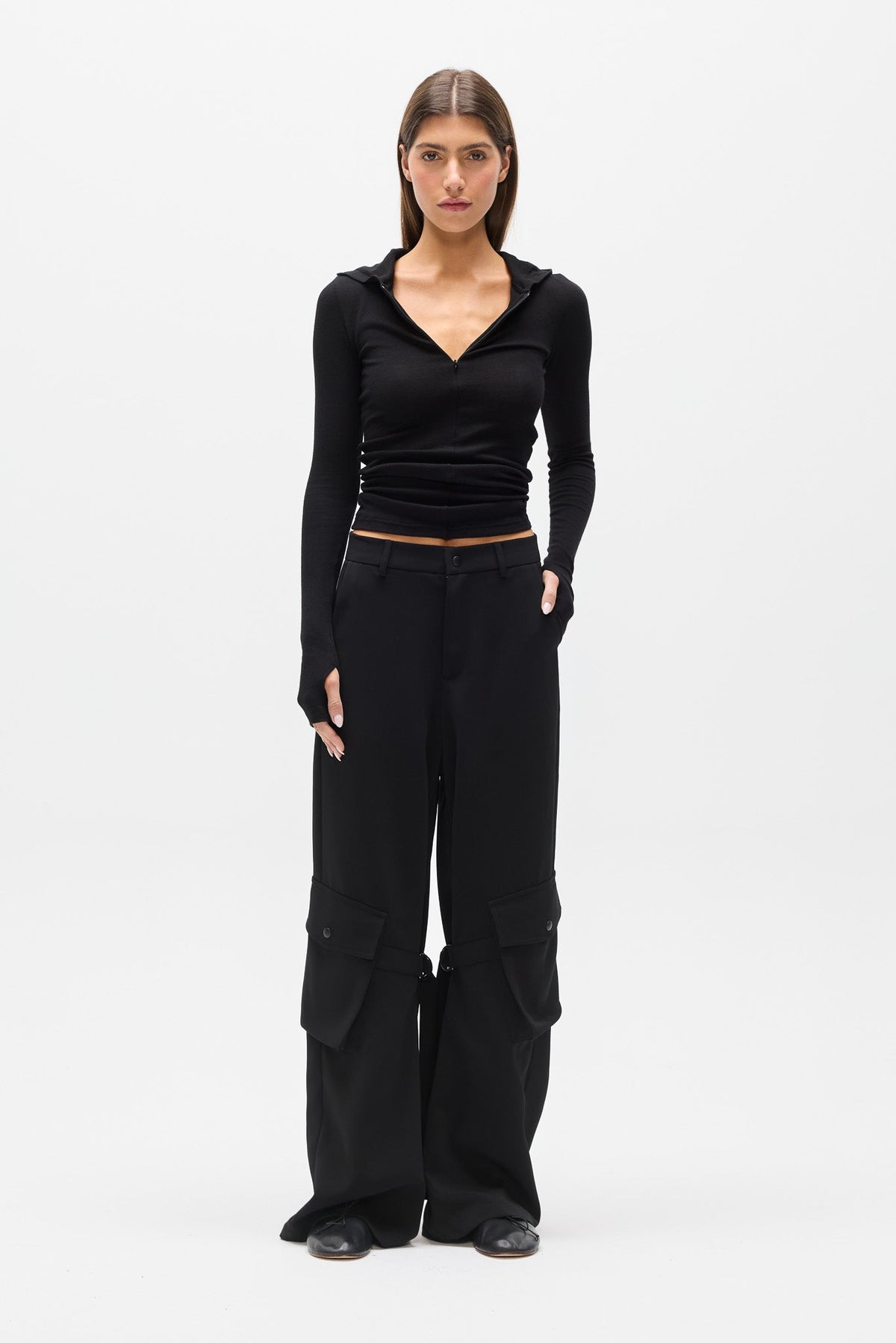 Raev Wide Leg Cargo Pant in Black, view 1, Bayse Brand