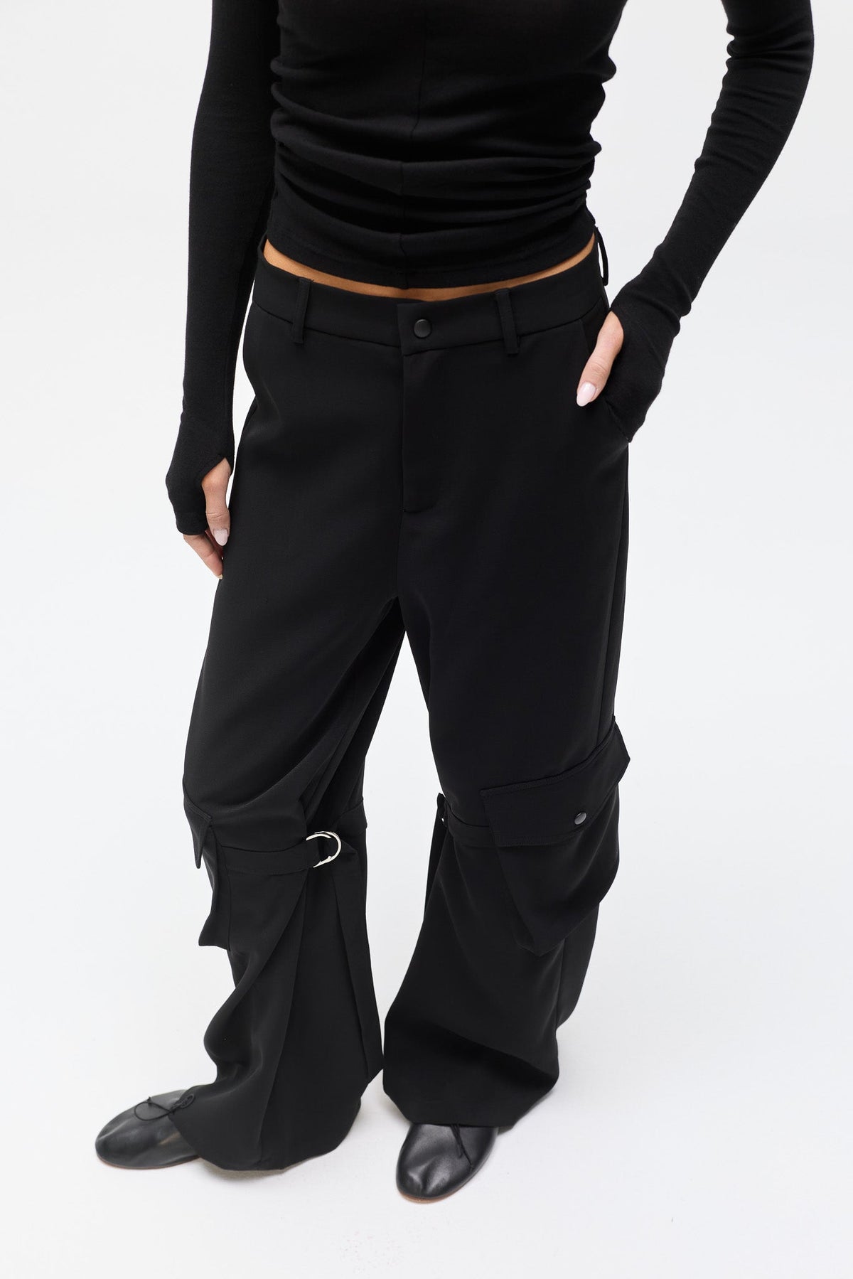 Raev Wide Leg Cargo Pant in Black, view 2, Bayse Brand