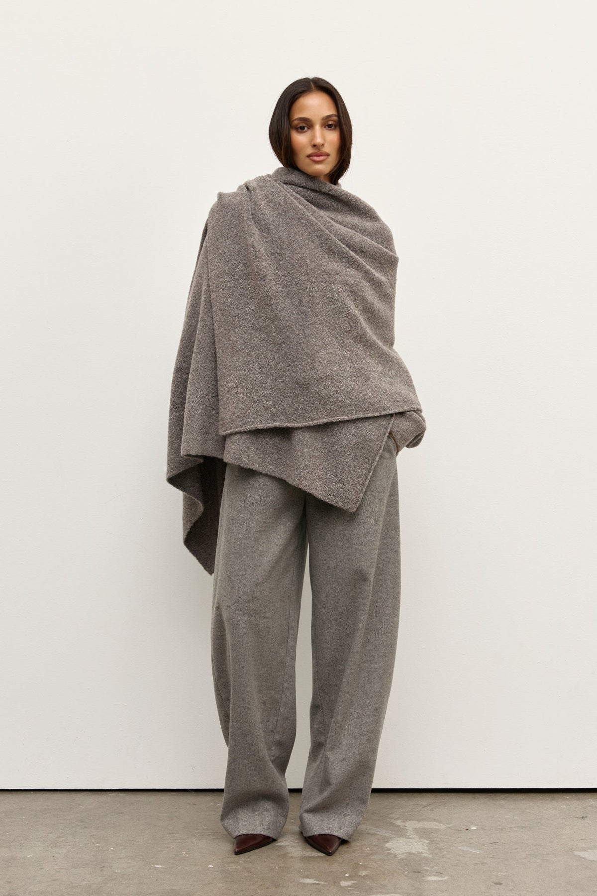 Soba Oversized Wool Blend Scarf in Beige Grey, view 1, Bayse Brand