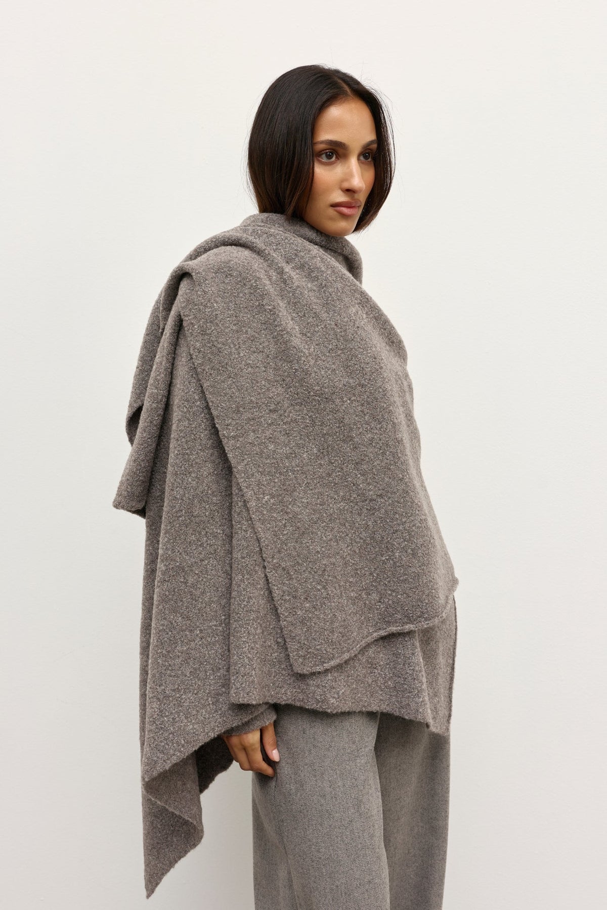 Soba Oversized Wool Blend Scarf in Beige Grey, view 2, Bayse Brand
