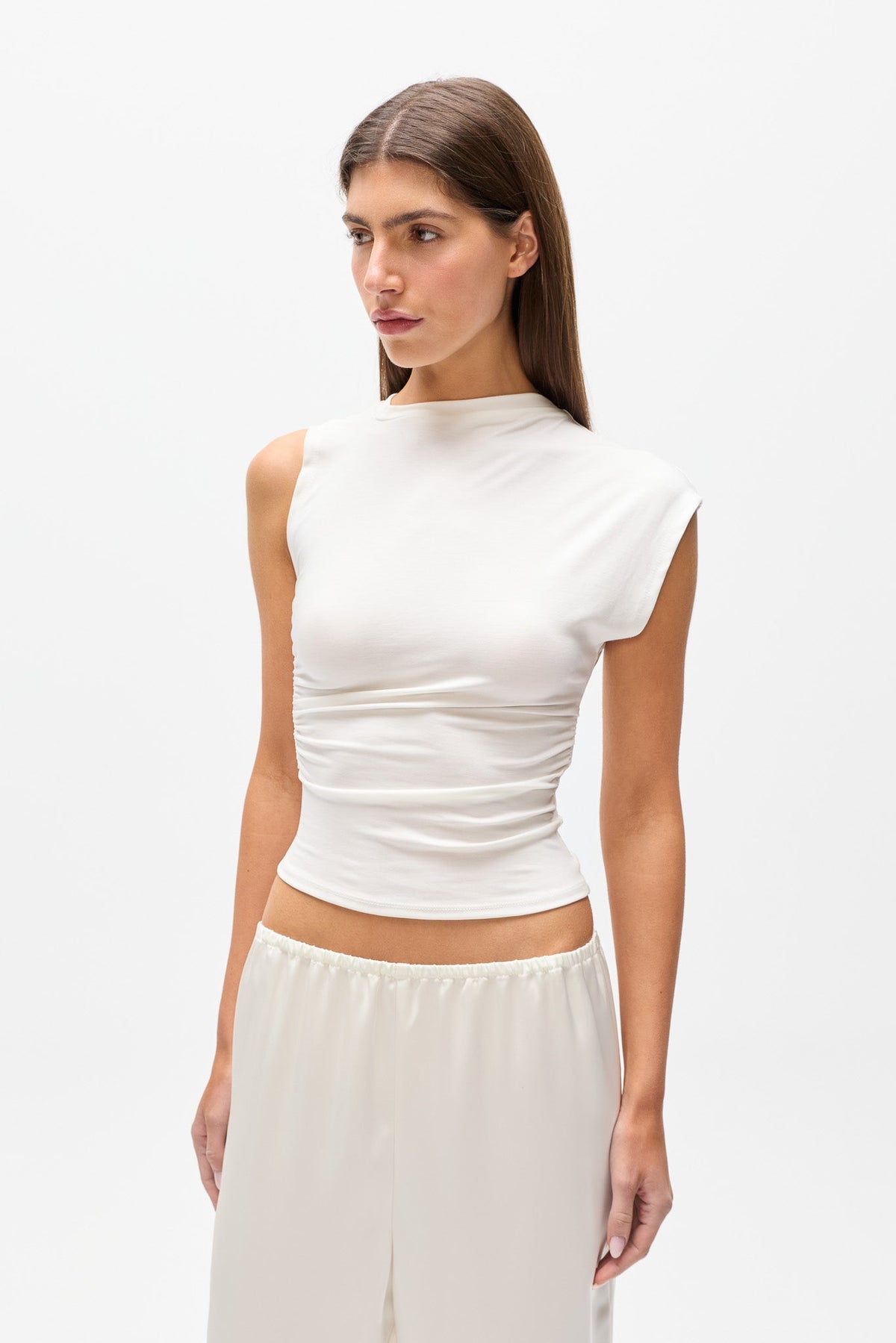 Sol Asymmetric Shoulder Top in Ivory, view 3, Bayse Brand