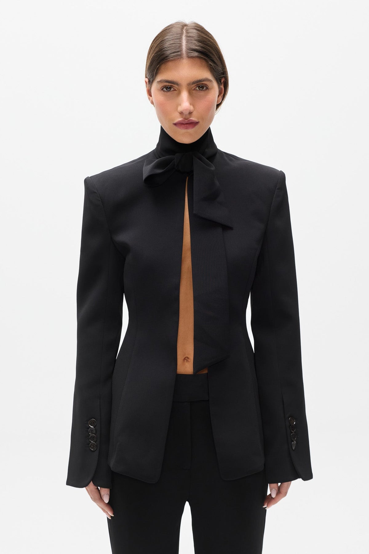 Storm Tailored Tie Neck Blazer in Black, view 2, Bayse Brand