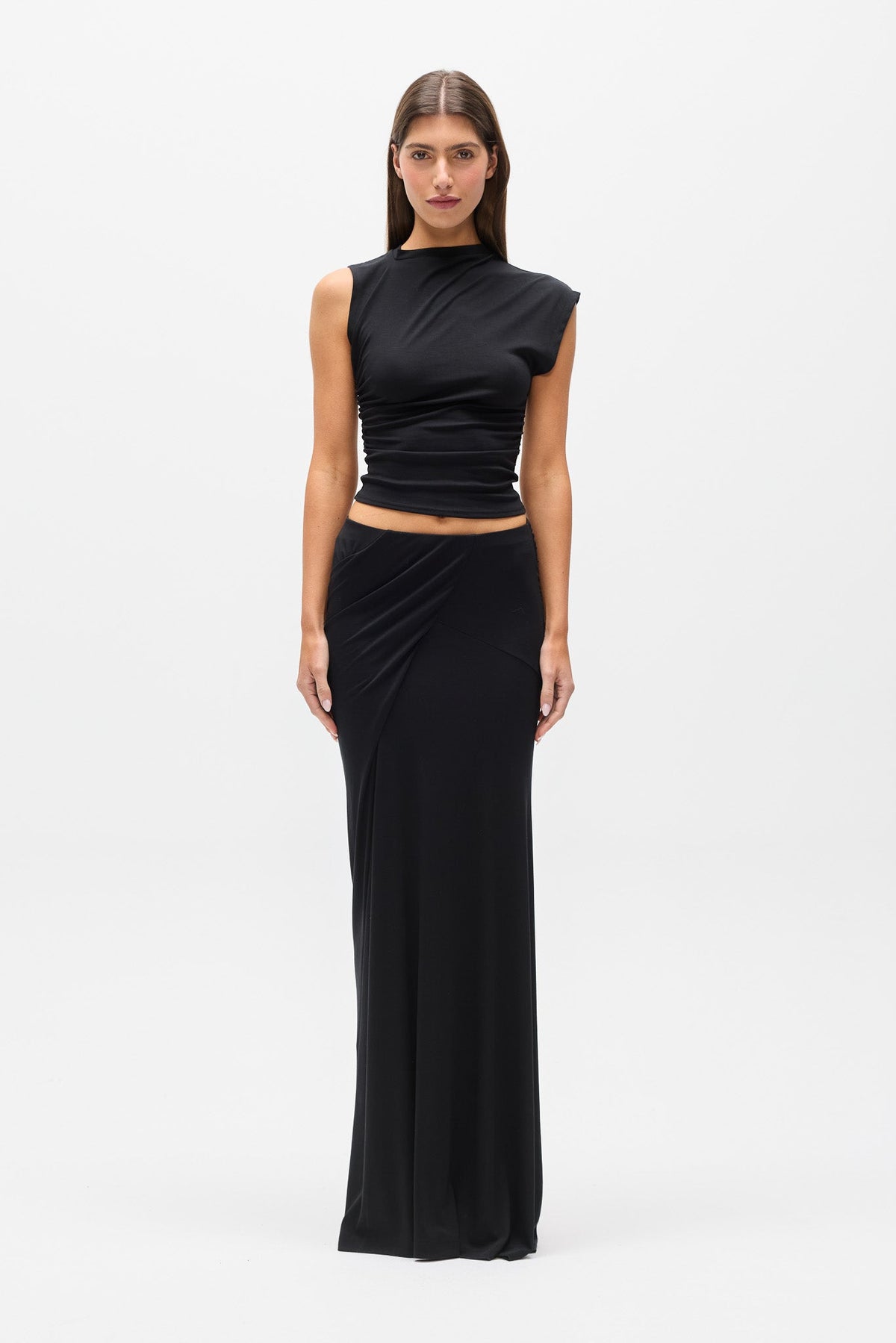 Syenra Draped Maxi Skirt in Black, view 1, Bayse Brand