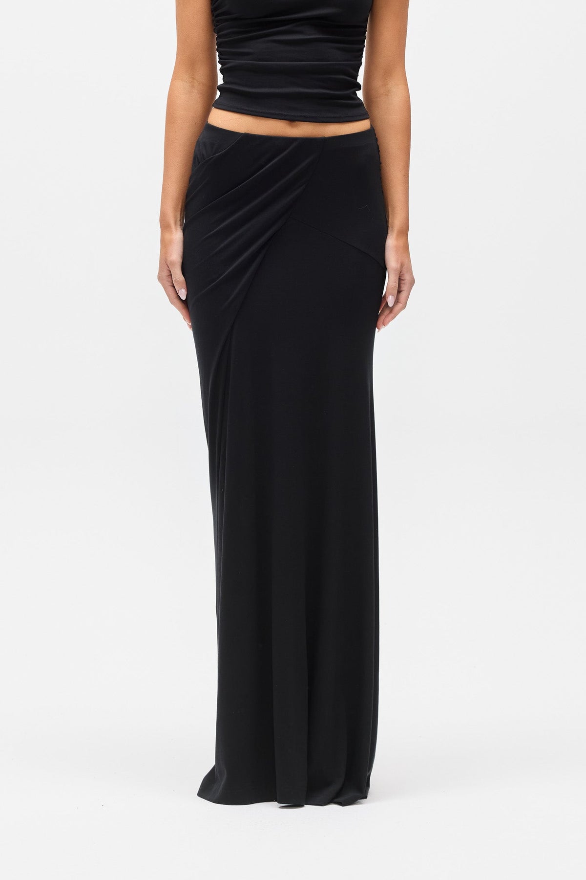 Syenra Draped Maxi Skirt in Black, view 3, Bayse Brand