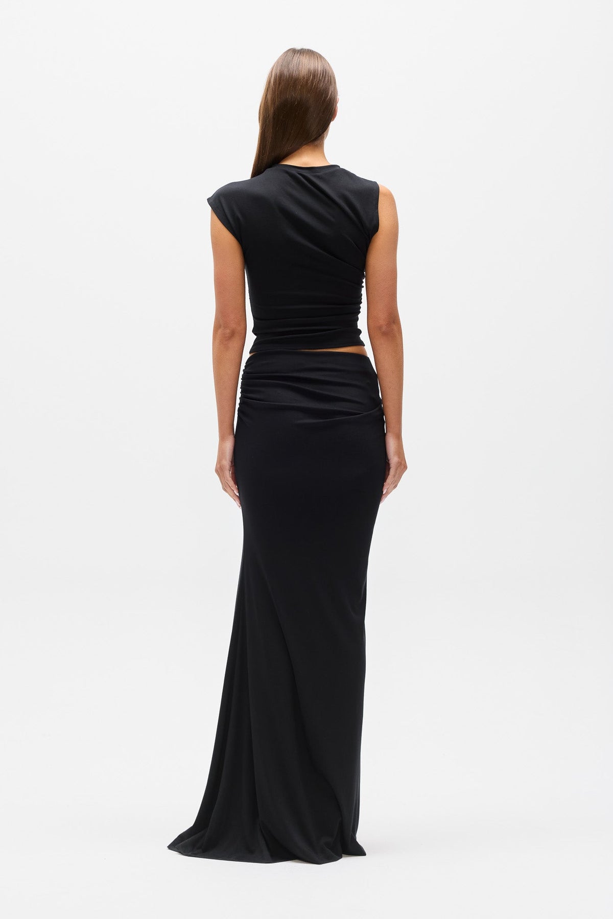 Syenra Draped Maxi Skirt in Black, view 4, Bayse Brand