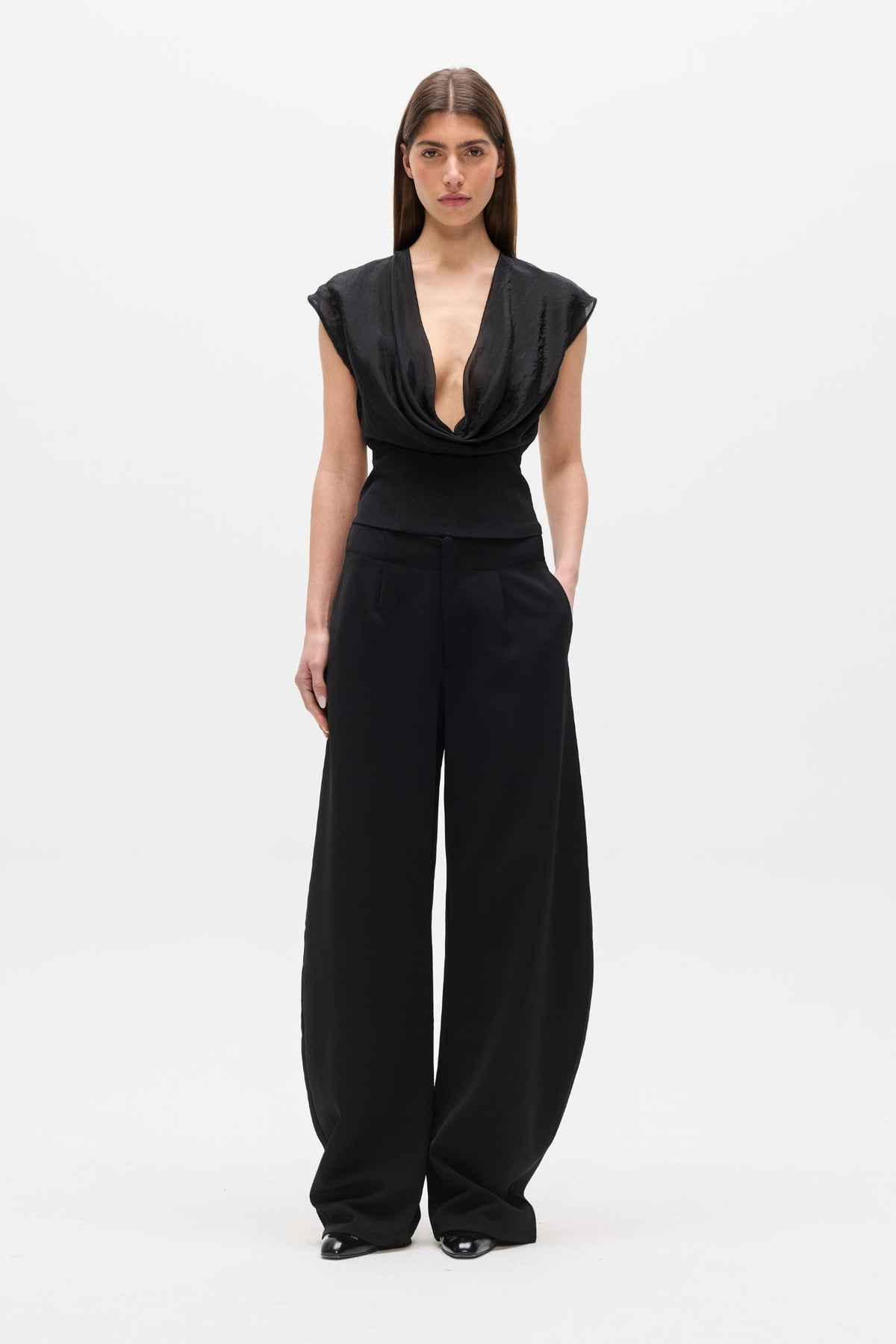 Tessie Cowl Neck Boned Top in Black, view 1, Bayse Brand