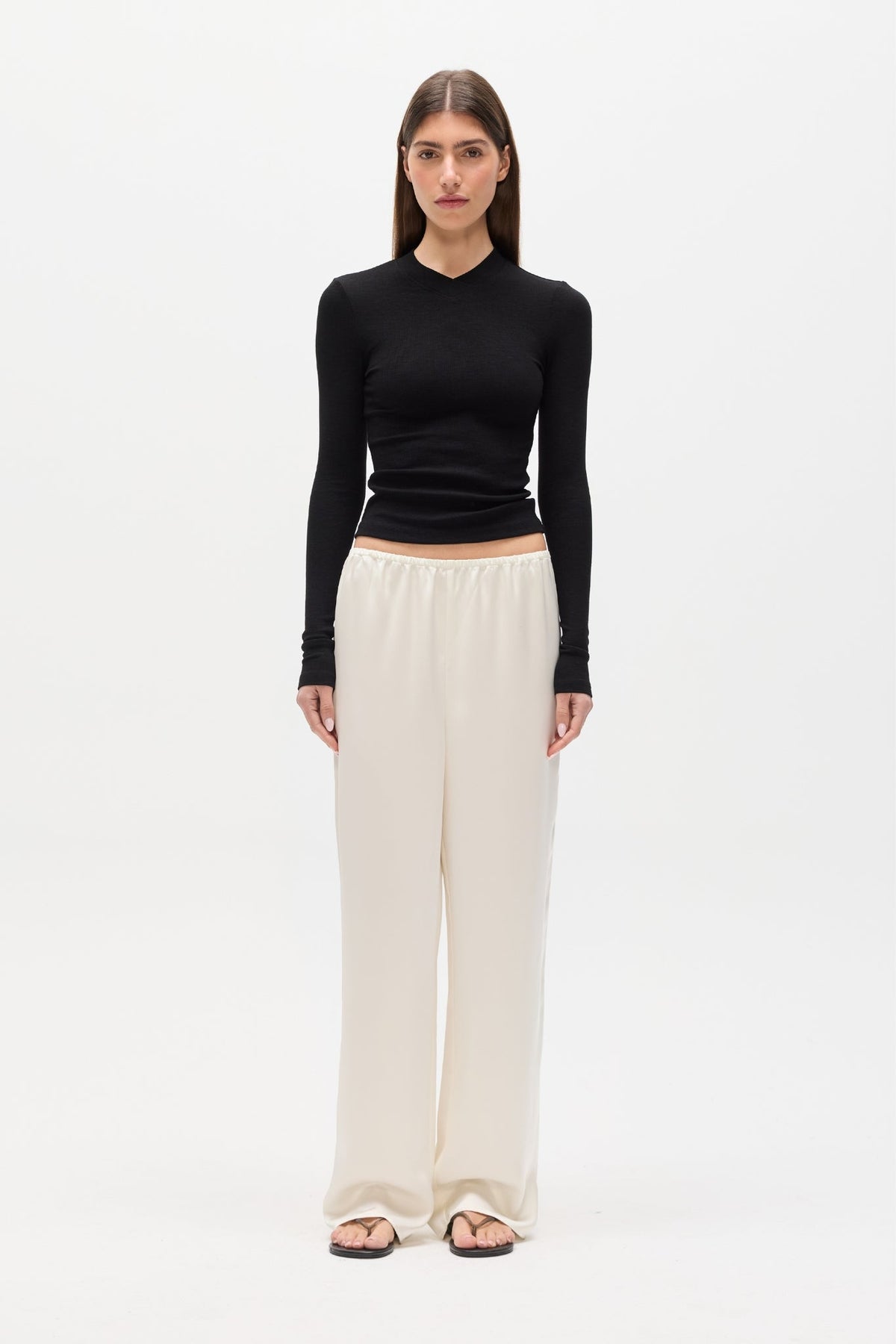 Tinka Ribbed V Neck Long Sleeve Tee in Black, view 1, Bayse Brand