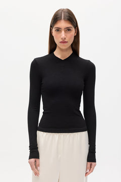 Tinka Ribbed V Neck Long Sleeve Tee in Black, view 3, Bayse Brand