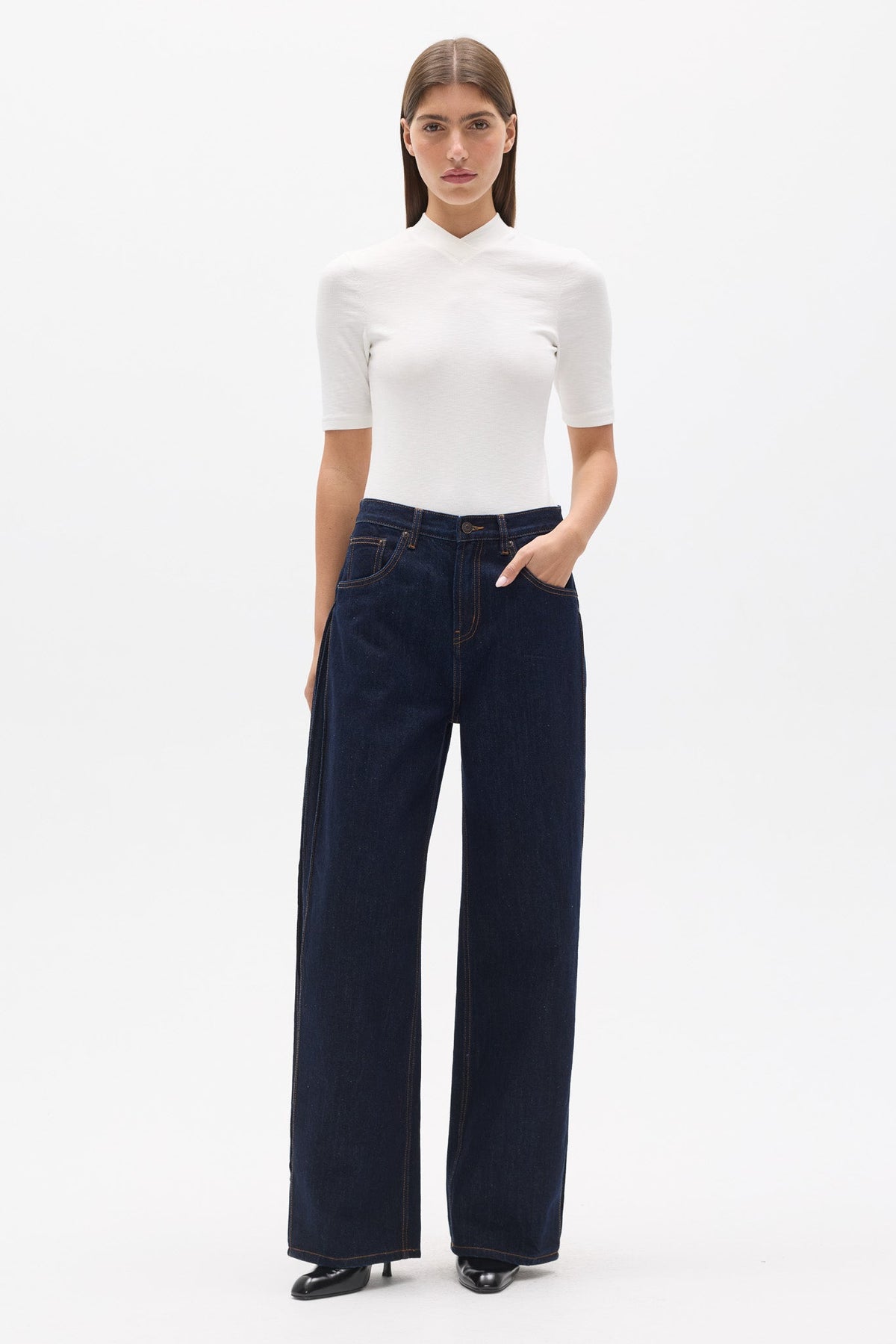 Tinka Fitted V Neck T-Shirt in White, view 1, Bayse Brand