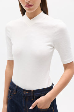 Tinka Fitted V Neck T-Shirt in White, view 2, Bayse Brand
