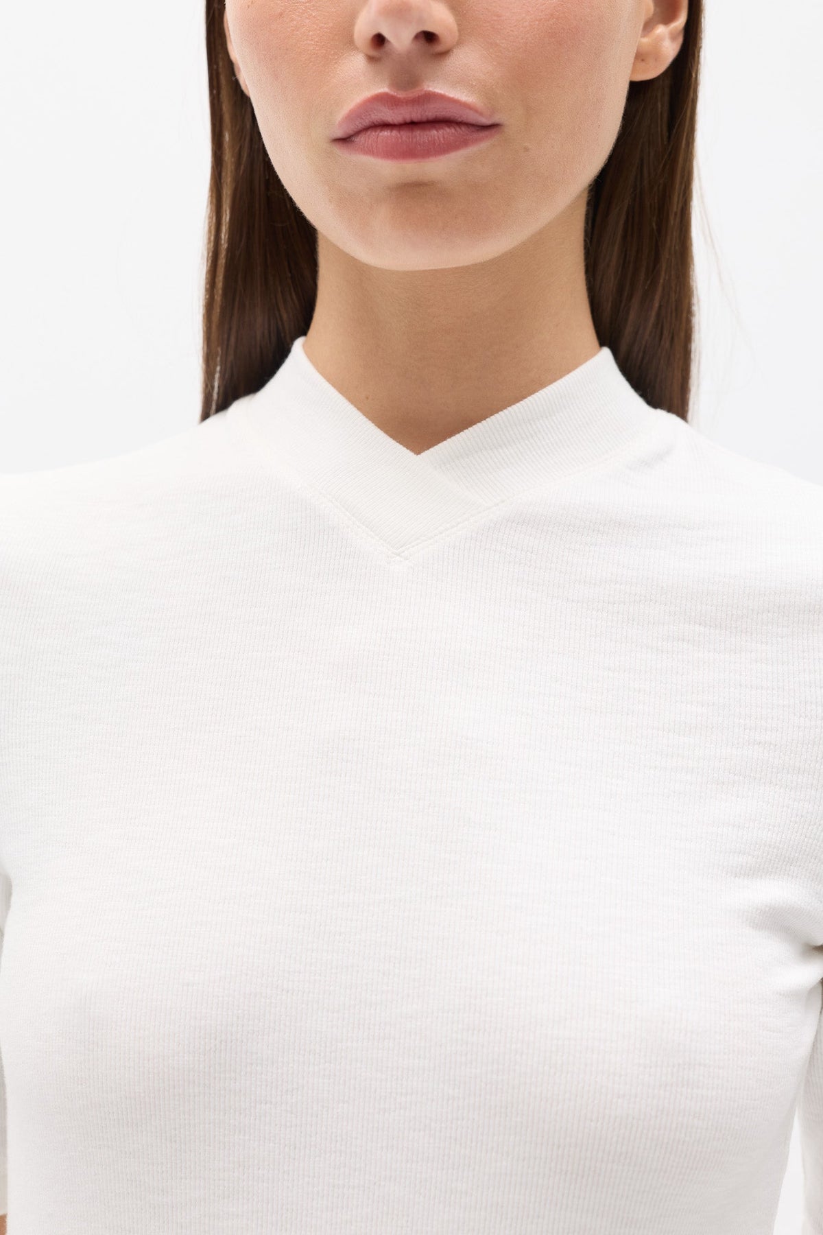 Tinka Fitted V Neck T-Shirt in White, view 3, Bayse Brand