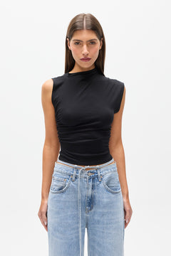 Sol Asymmetric Shoulder Top in Black, view 4, Bayse Brand