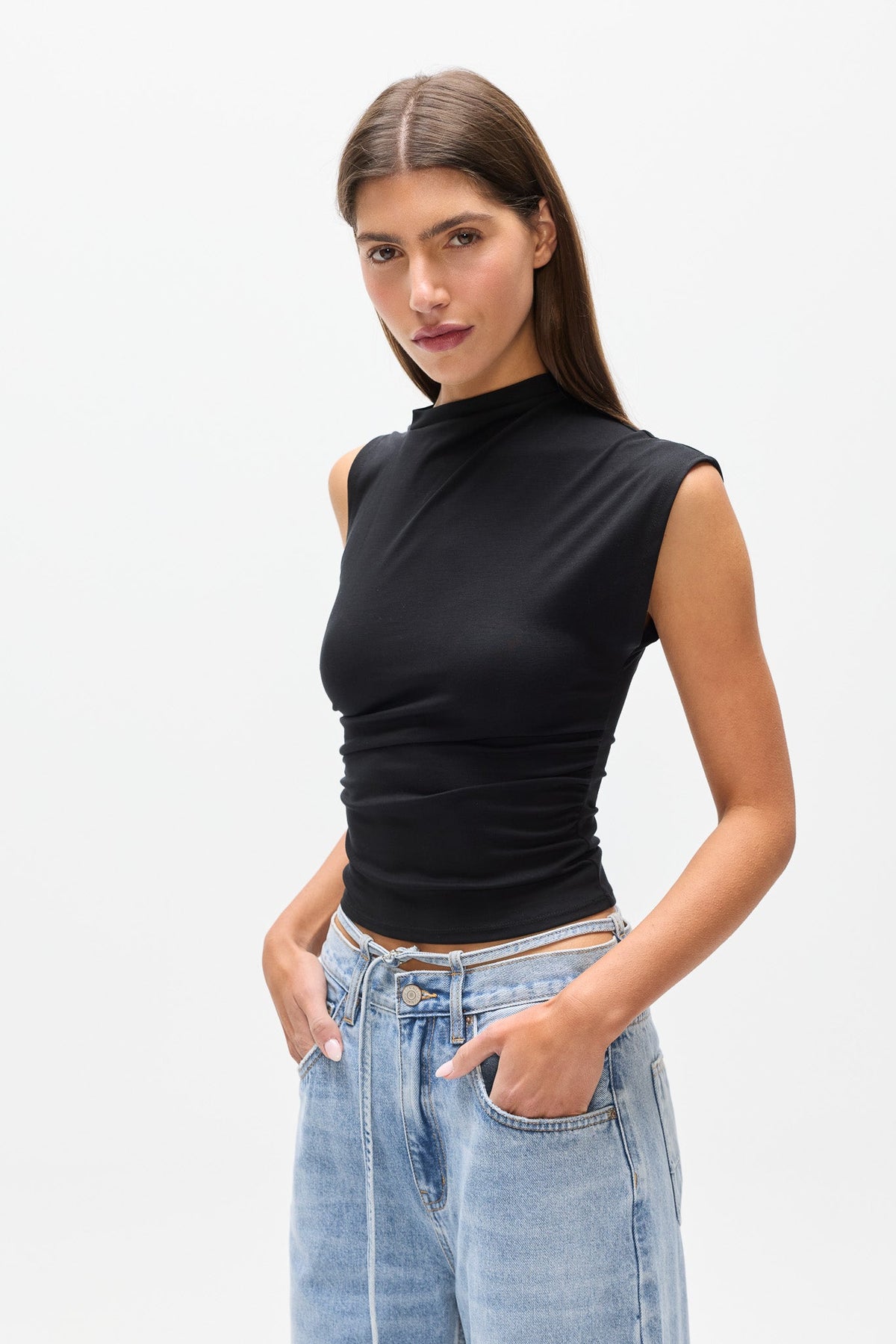 Sol Asymmetric Shoulder Top in Black, view 2, Bayse Brand
