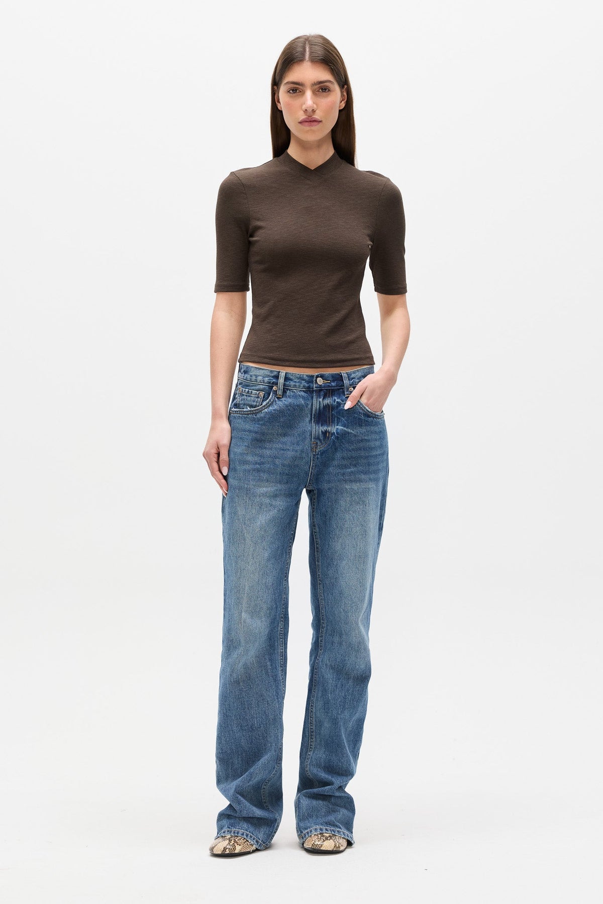 Tinka Fitted V Neck T-Shirt in Mushroom, view 1, Bayse Brand