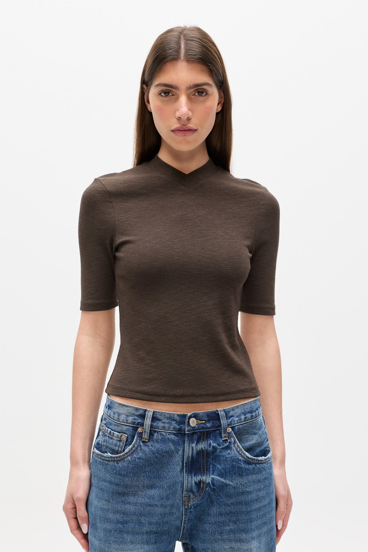 Tinka Fitted V Neck T-Shirt in Mushroom, view 2, Bayse Brand