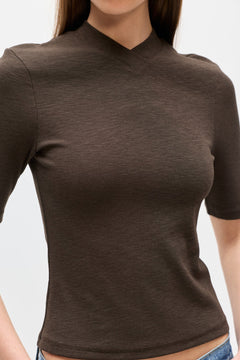 Tinka Fitted V Neck T-Shirt in Mushroom, view 3, Bayse Brand