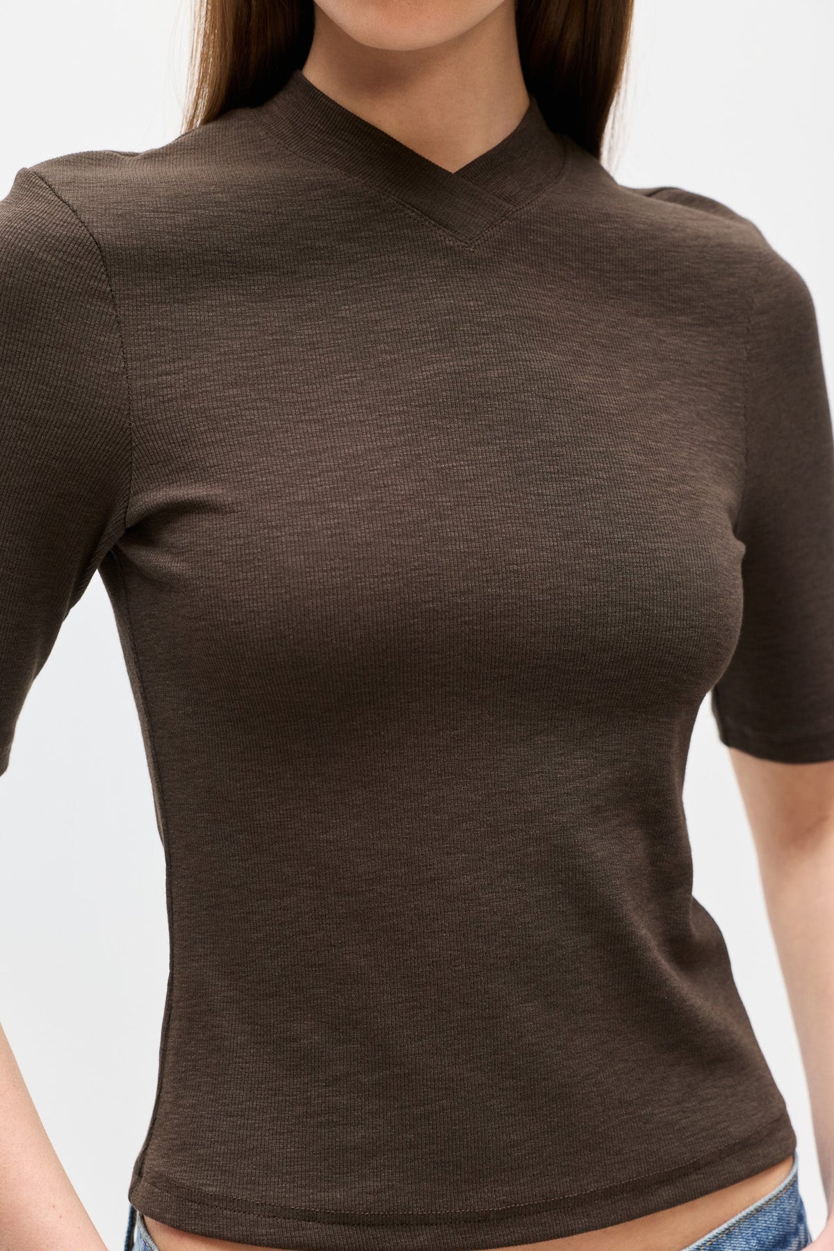 Tinka Fitted V Neck T-Shirt in Mushroom, view 3, Bayse Brand