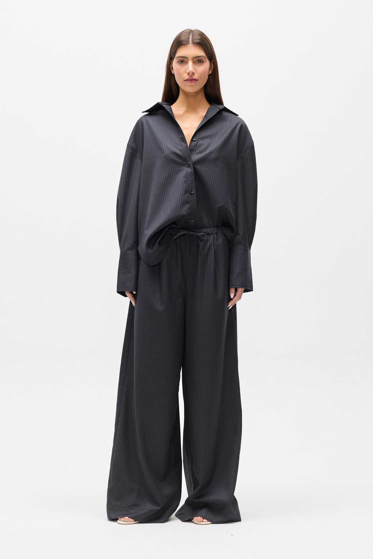 Toko Pinstripe Wide Leg Pant in Grey Stripe, view 1, Bayse Brand