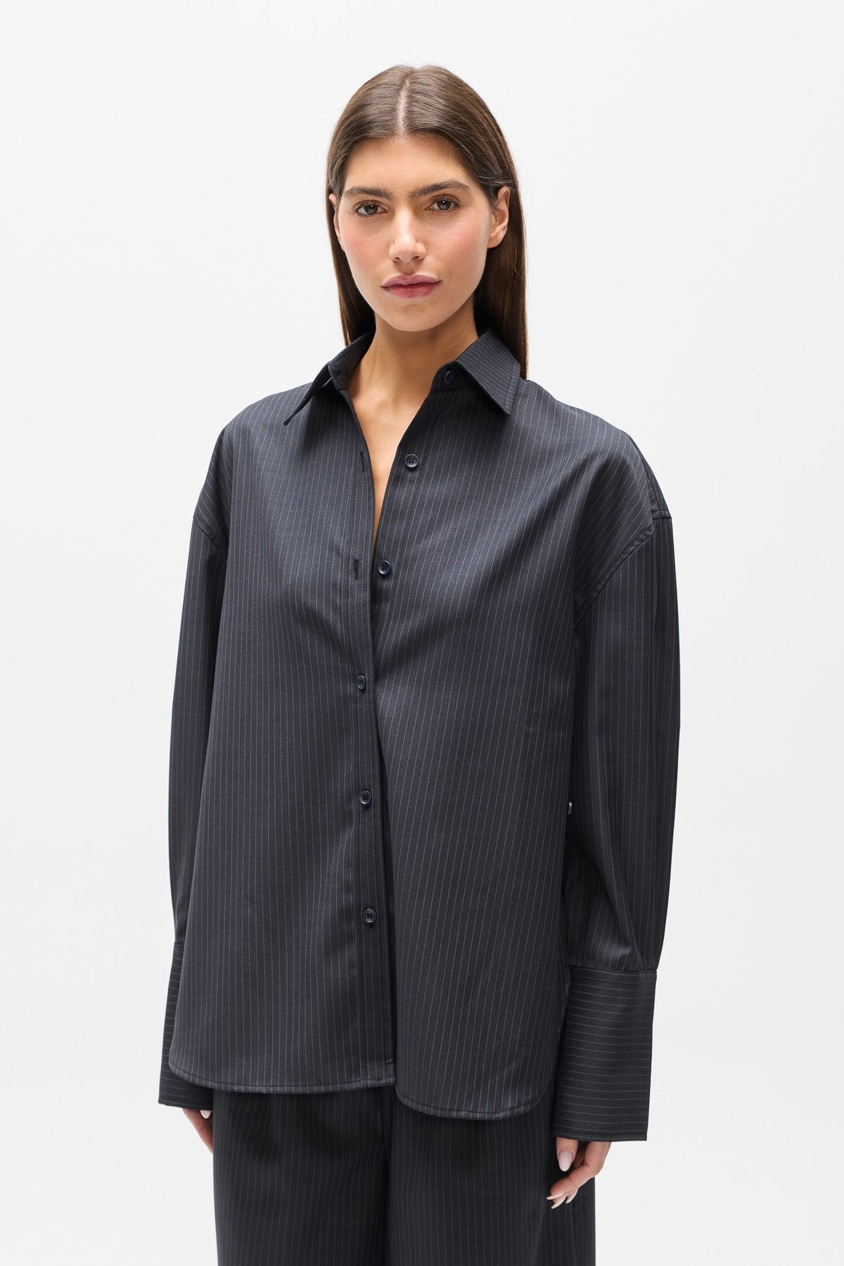 Toko Oversized Pinstripe Shirt in Grey Stripe, view 2, Bayse Brand