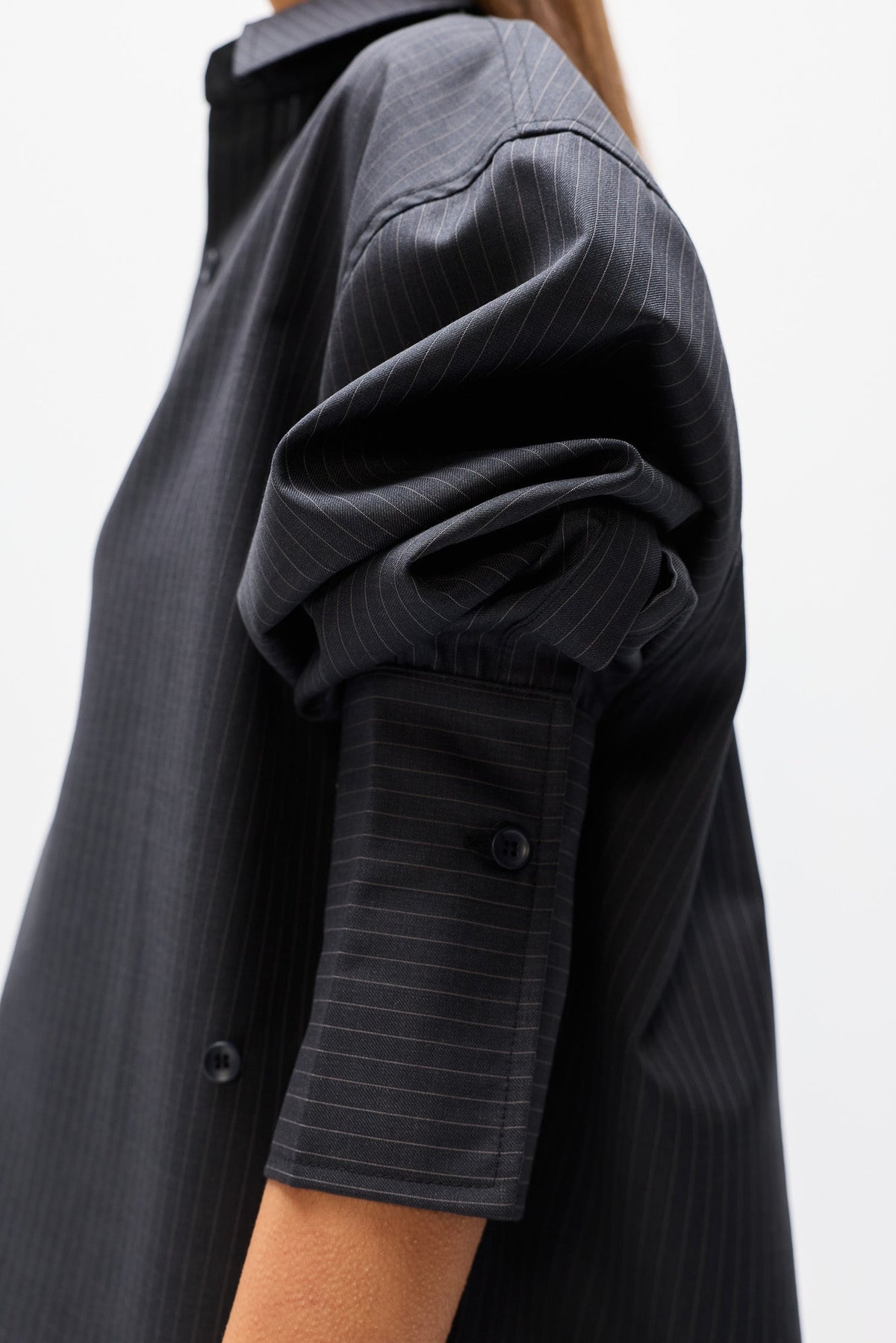 Toko Oversized Pinstripe Shirt in Grey Stripe, view 3, Bayse Brand