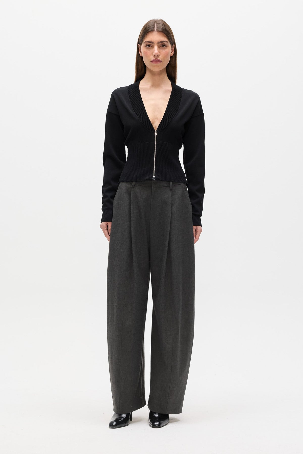 Tory Zip Front Deep V Top in Black, view 1, Bayse Brand