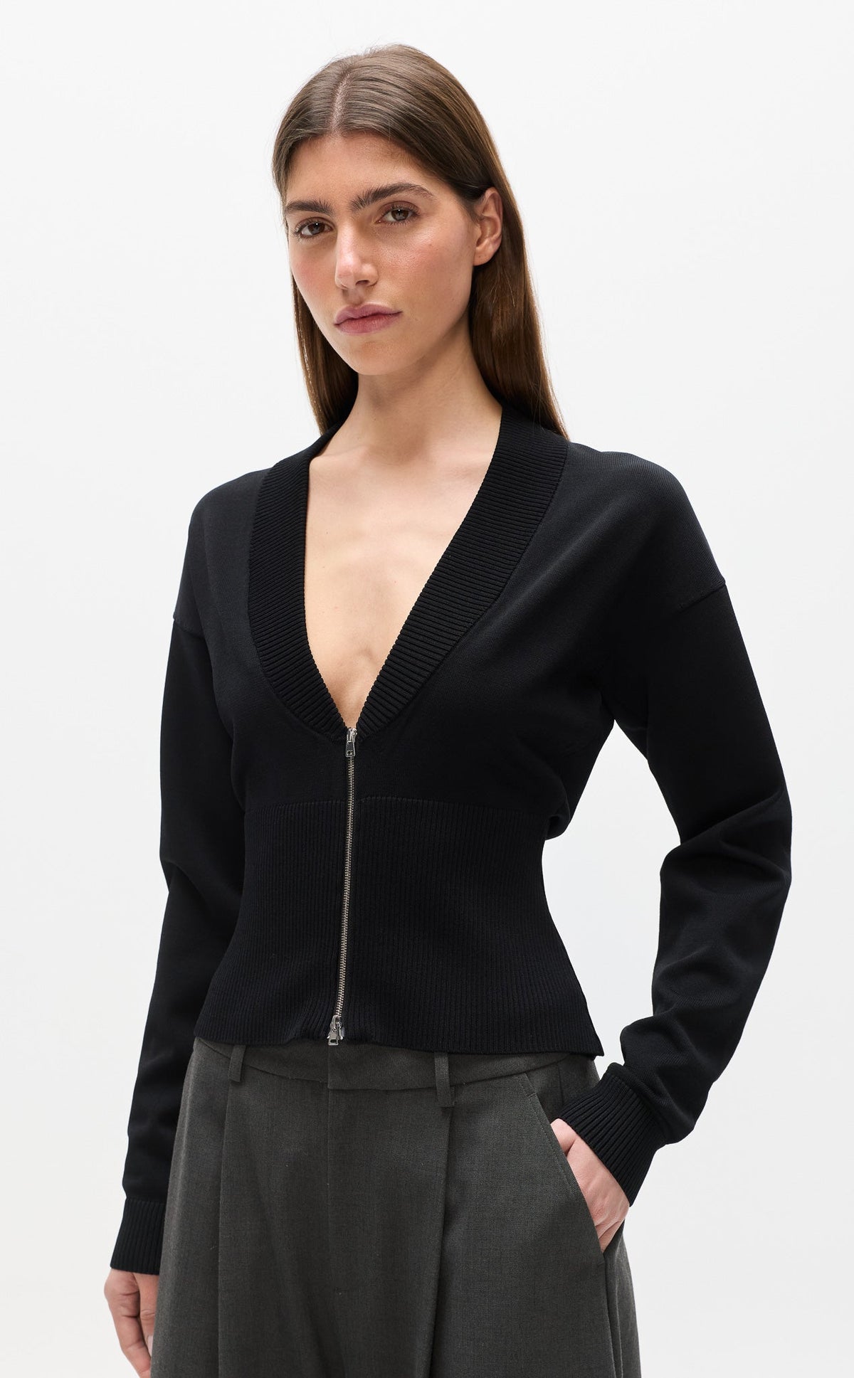 Tory Zip Front Deep V Top in Black, view 3, Bayse Brand