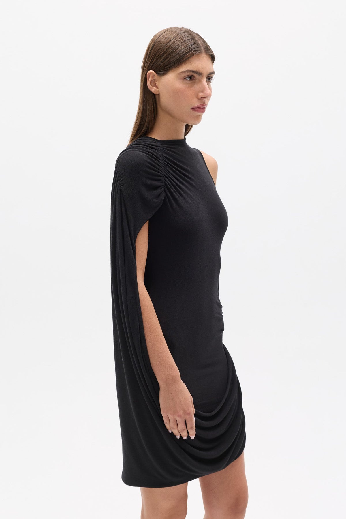 Vexia Draped High Neck Mini Dress in Shadow, view 2, Bayse Brand