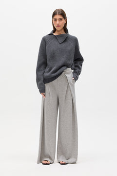 Winona Merino Fold Over Collar Knit in Dark Grey, view 1, Bayse Brand