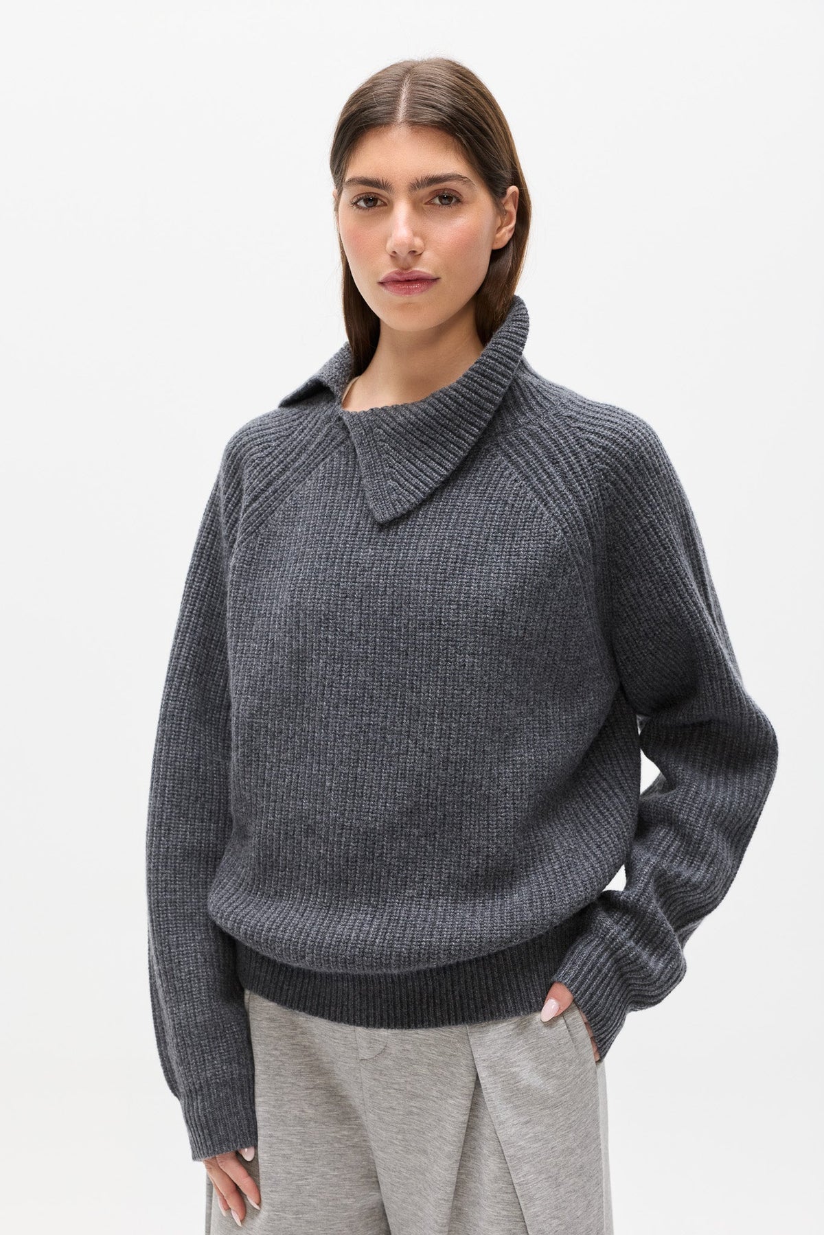 Winona Merino Fold Over Collar Knit in Dark Grey, view 2, Bayse Brand