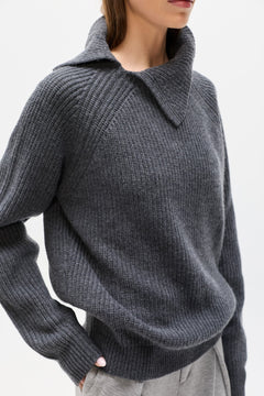 Winona Merino Fold Over Collar Knit in Dark Grey, view 3, Bayse Brand