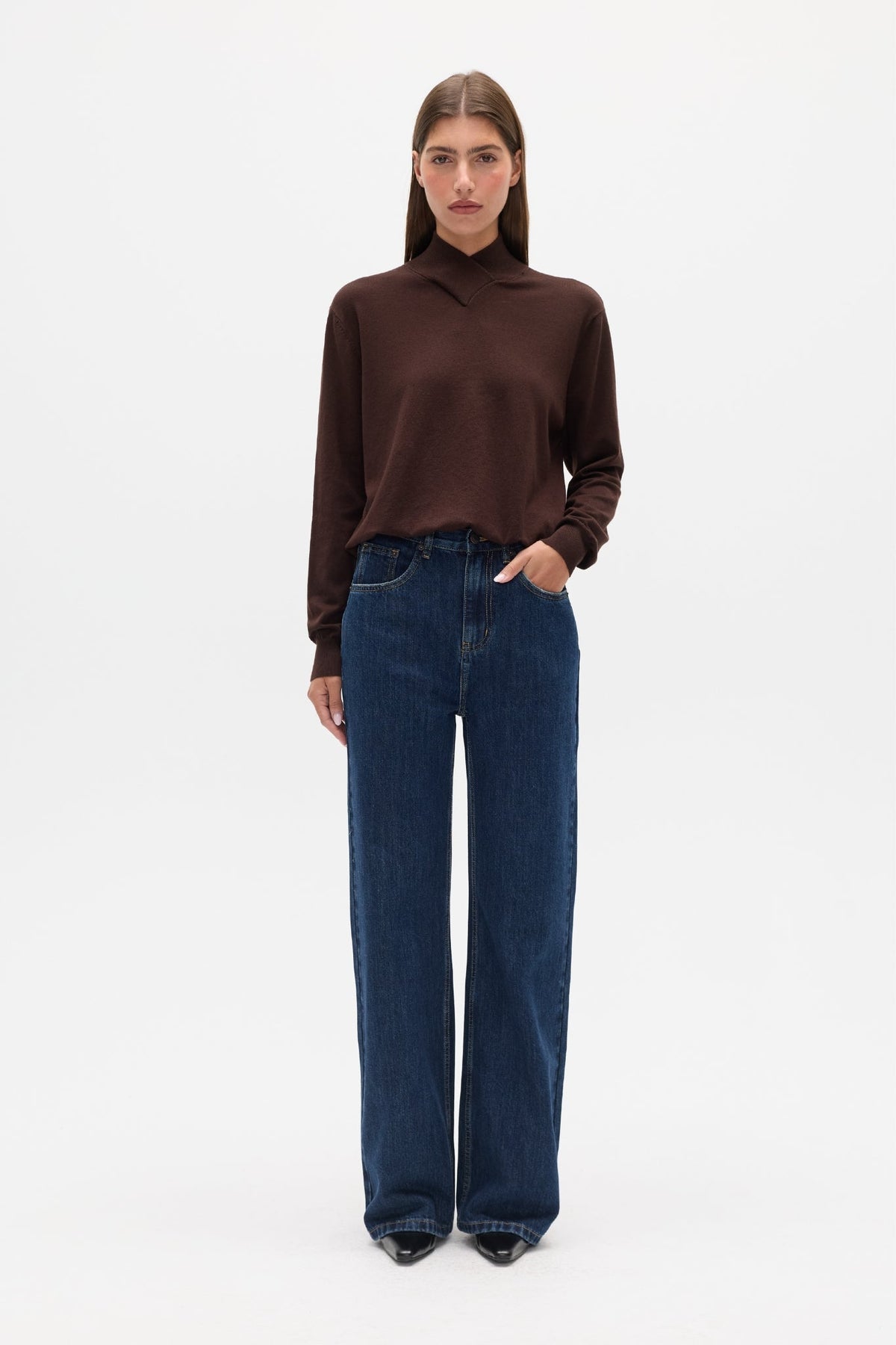 Yvette Crossover Knit Jumper in Chocolate Brown, view 1, Bayse Brand