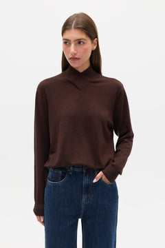 Yvette Crossover Knit Jumper in Chocolate Brown, view 2, Bayse Brand