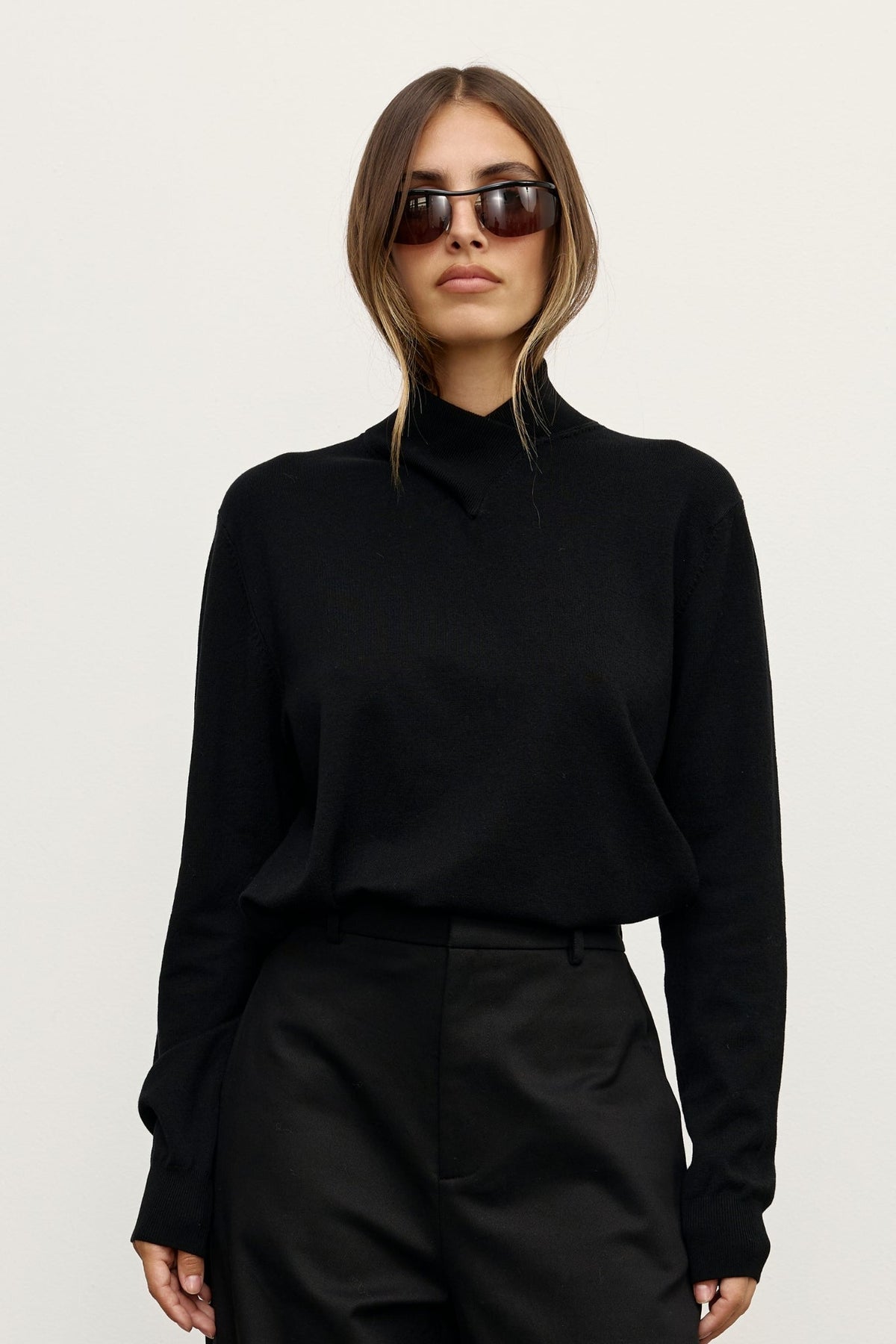 Yvette Crossover Knit Jumper in Black, view 2, Bayse Brand